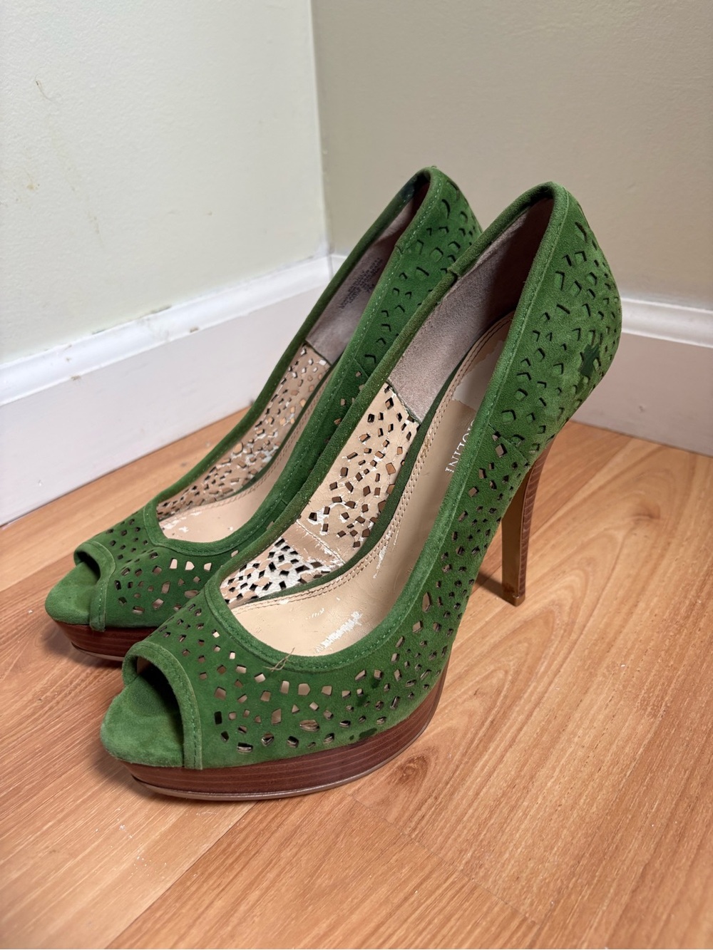 Enzo Angiolini Green Suede Laser-Cut Peep-Toe Heels